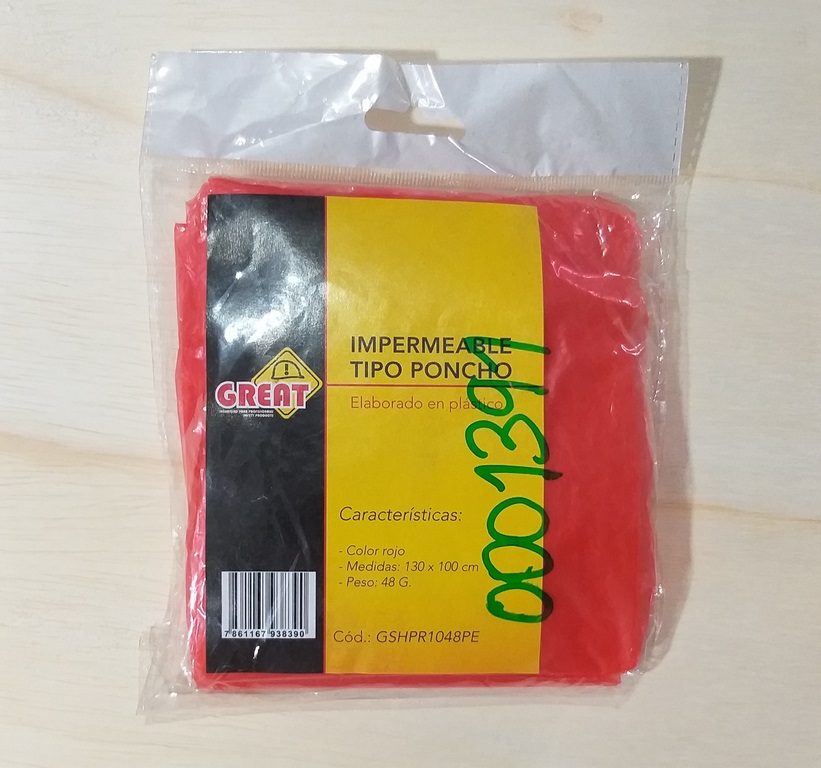 IMPERMEABLE PLAST. T/PONCHO; GREAT; C/ROJO; 130*100CM 48G