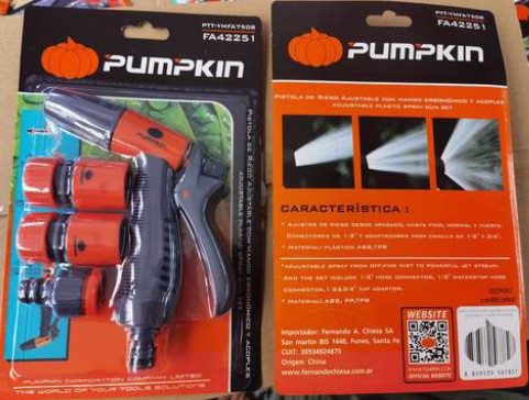 PISTOLA DE JARDIN PUMPKIN MANGO ERGONOMICO Y ACOPLES RAPIDOS 1/2